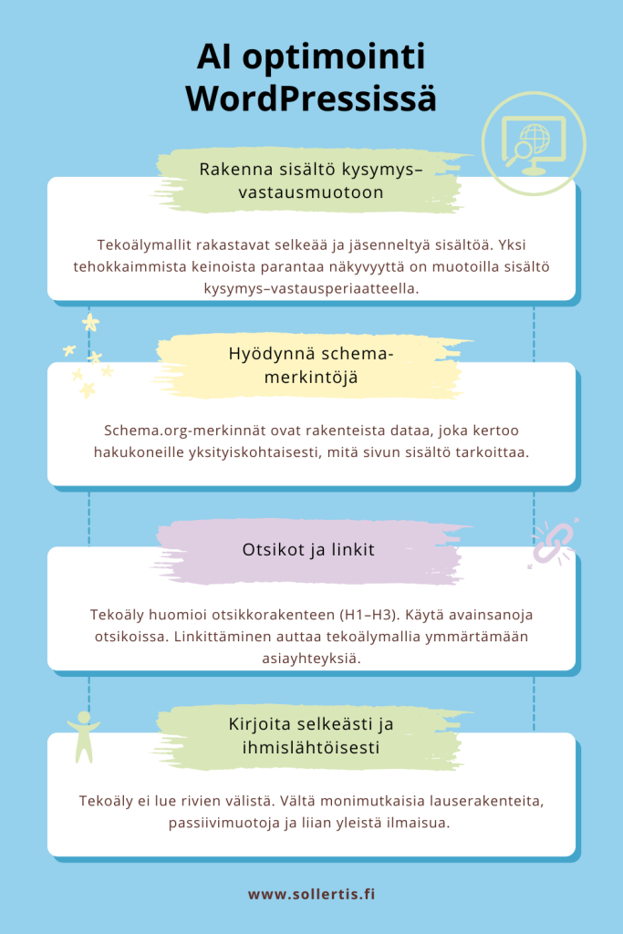 Rakenna sisältö kysymys–vastausmuotoon. Hyödynnä schema-merkintöjä. ekoäly huomioi otsikkorakenteen (H1–H3). Käytä avainsanoja otsikoissa. Linkittäminen auttaa tekoälymallia ymmärtämään asiayhteyksiä. Kirjoita selkeästi ja ihmislähtöisesti.