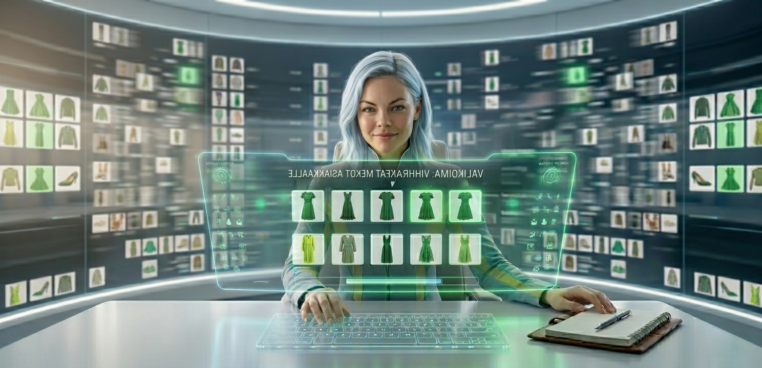 Ai chatbot auttaa asiakkaita esimerkiksi oikean verkkokauppatuotteen valinnassa. Kuvassa iso futuristinen näyttö, johon botti on valinnut vihreitä mekkoja.