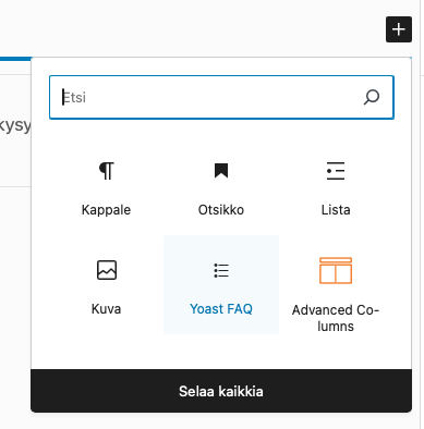 Yoast FAQ sisältöelementin valinta